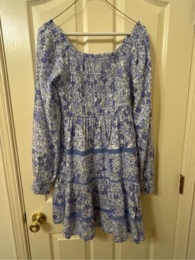 Floral Smocked Long Sleeve Mini Dress - Blue & White